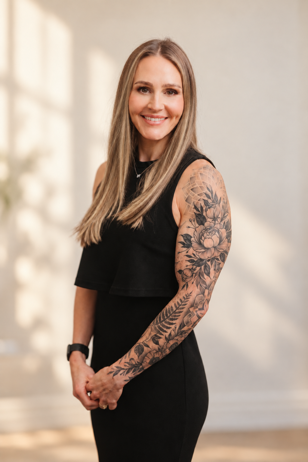 Magan Ake smiling in a sleeveless black outfit