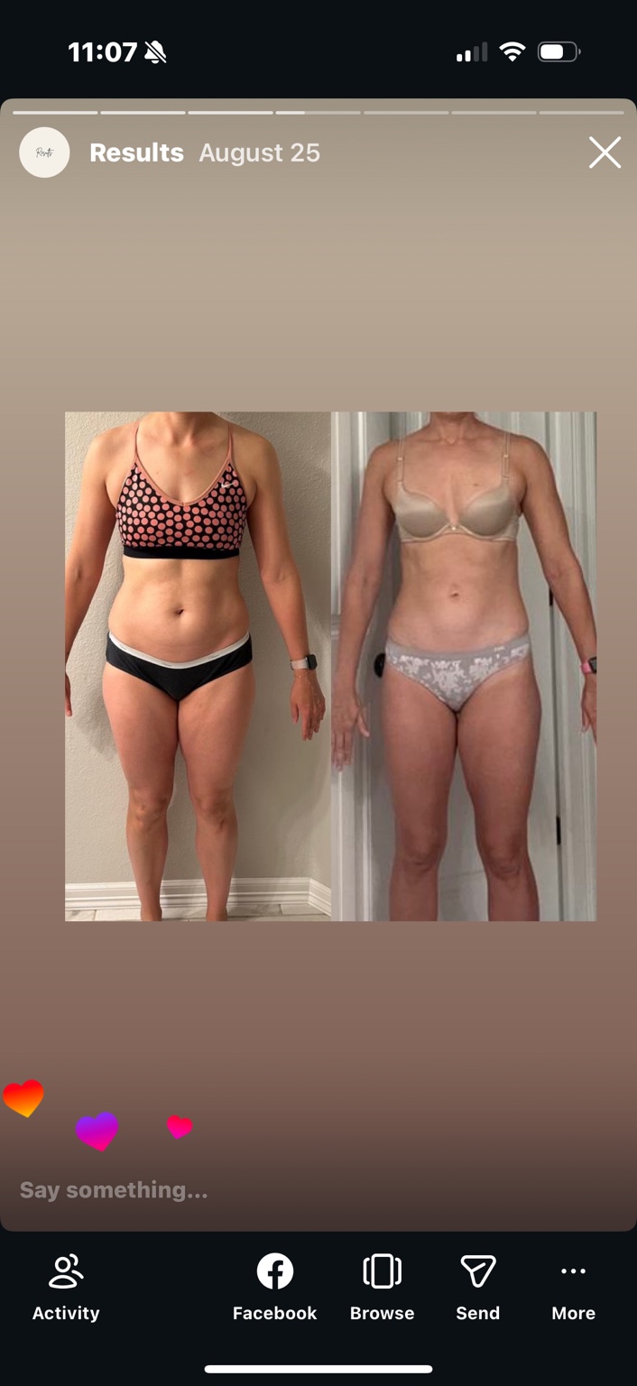 Client front-view comparison in a polka-dot sports bra and neutral bra