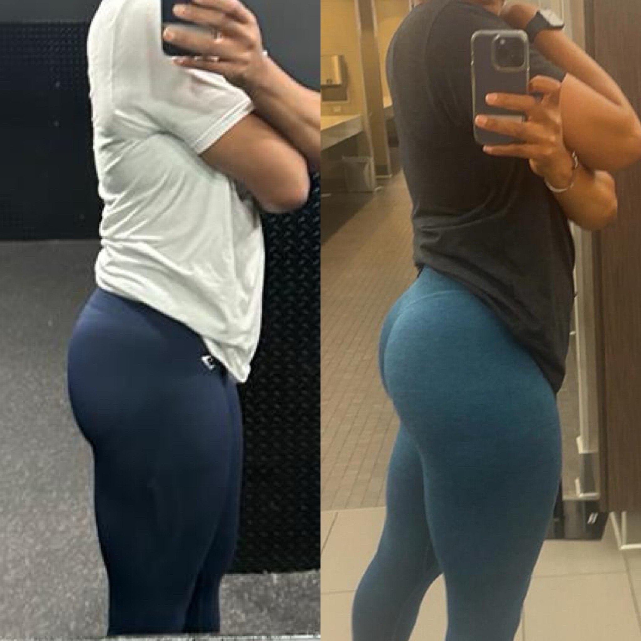 Client glute progress comparison in workout clothing