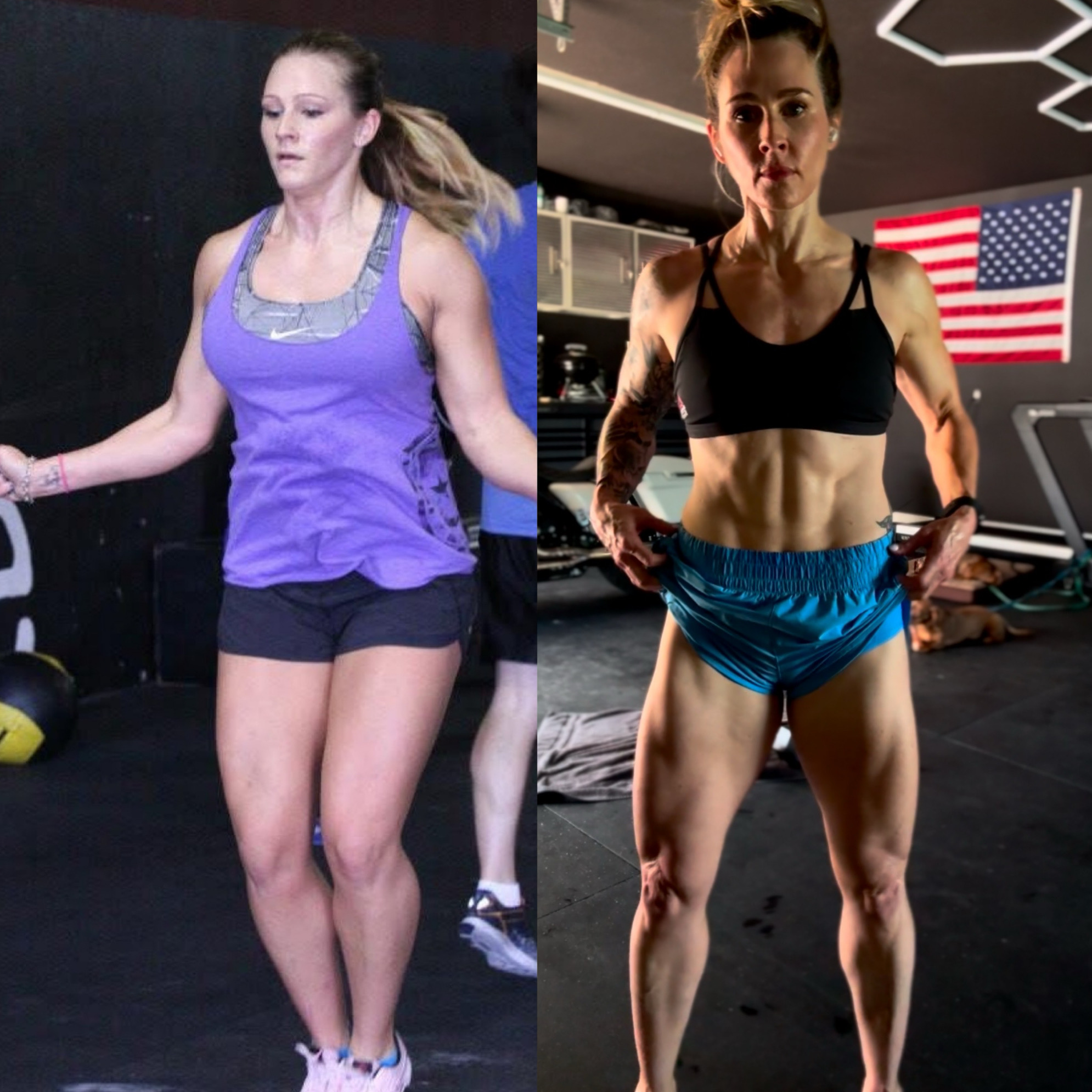 Magan’s comparison in a purple workout top and black sports bra with blue shorts