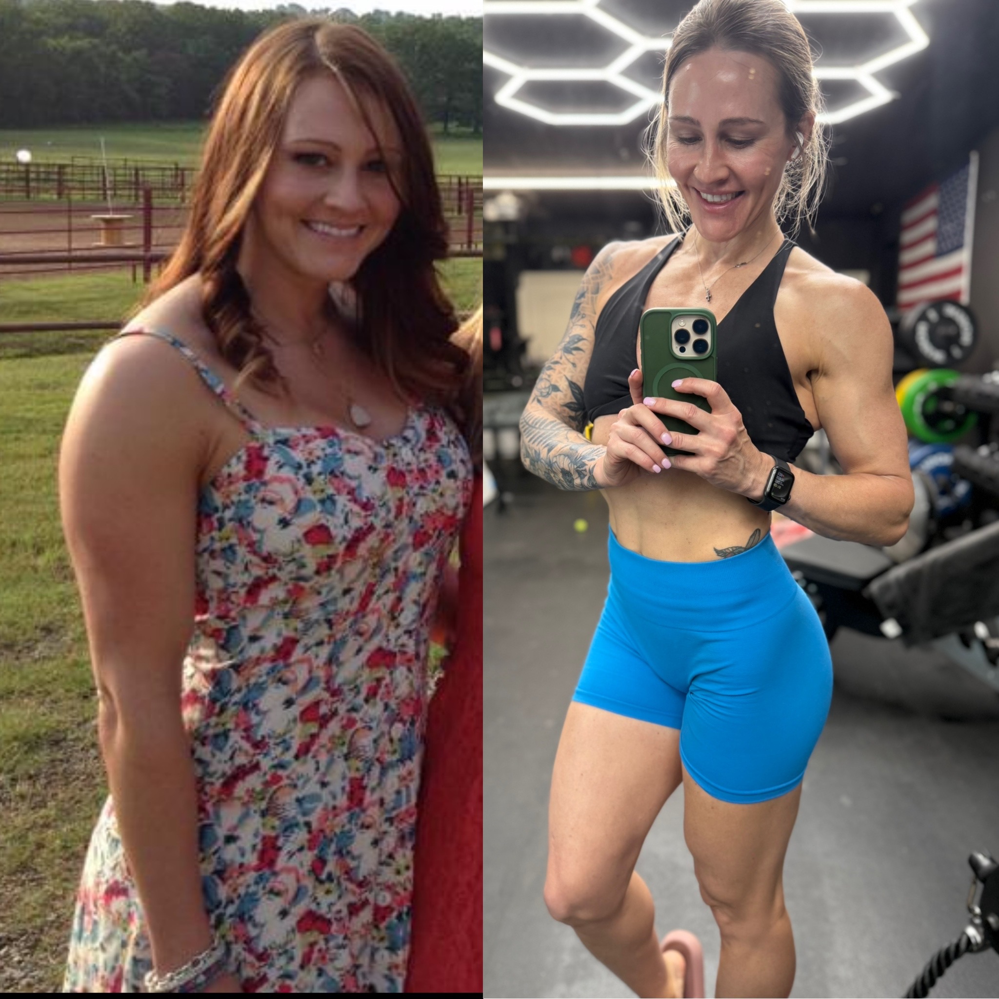 Magan’s comparison in a floral dress and gym clothing