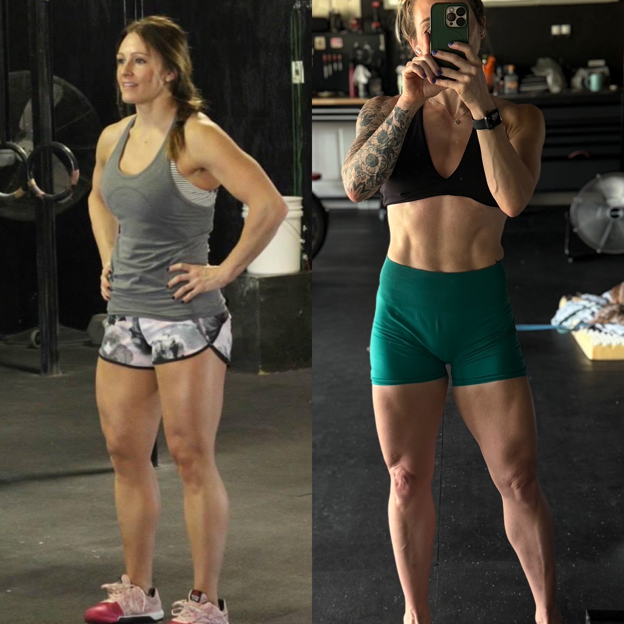Magan’s comparison in a grey workout top and black sports bra with green shorts