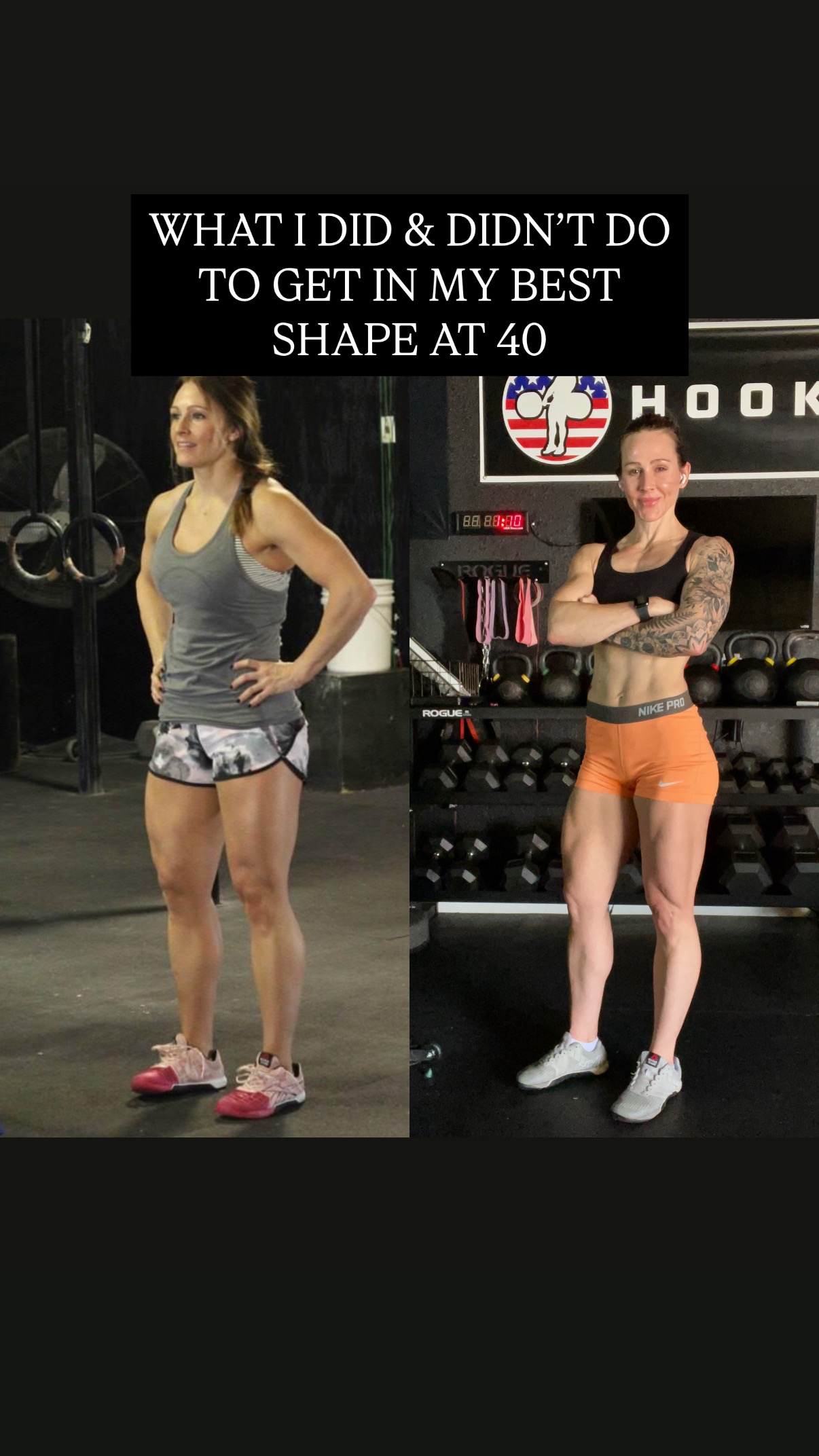 Magan’s before-and-after comparison in a grey workout top and black sports bra with orange shorts